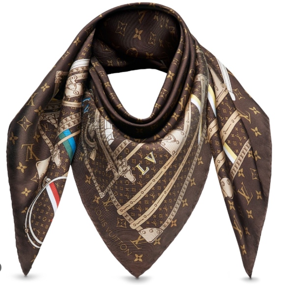 New Louis Vuitton Scarf  Travel Trunks Monogram Brown Silk Wrap - Picture 1 of 16